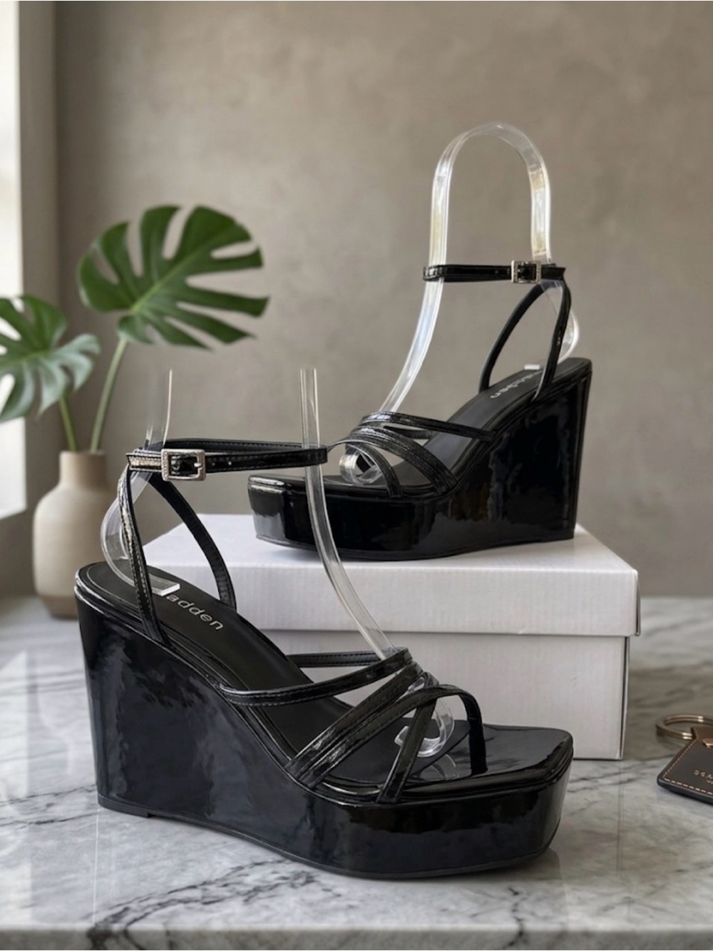 Madden Girl Black Patent Wedge Sandals with Ankle Strap NIB